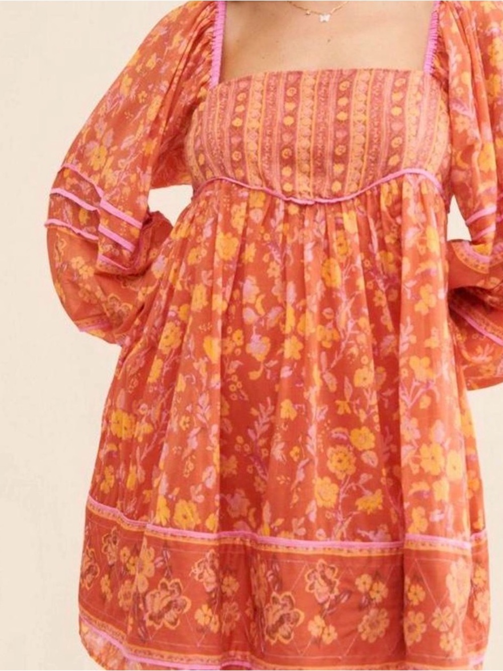 Free People Floral Orange Puff-Sleeve Dress
